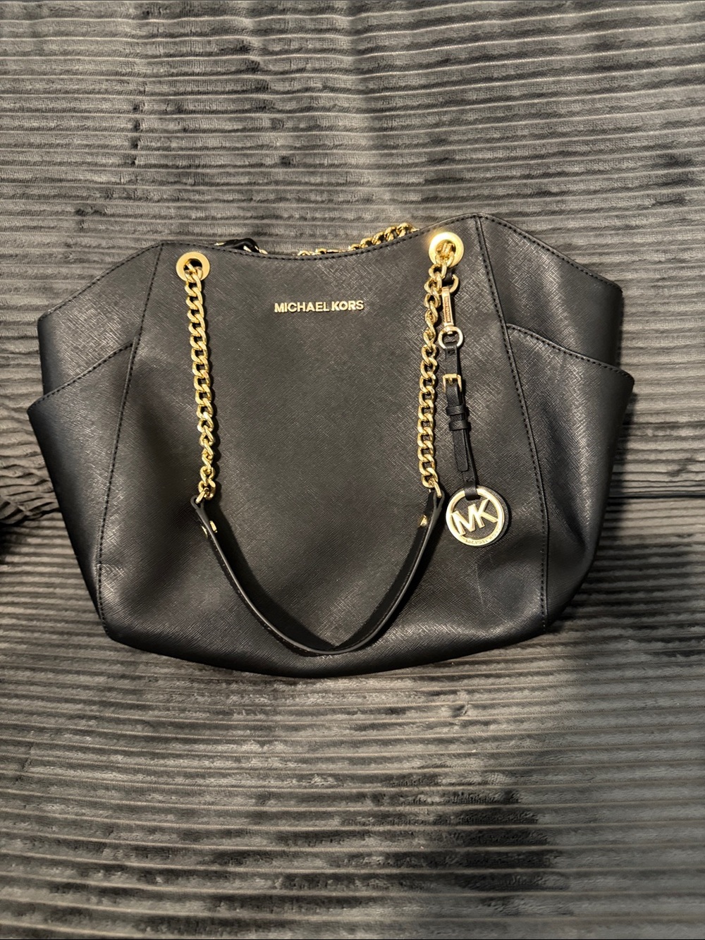 Michael Kors Black Leather Tote with Gold Chain Accents
